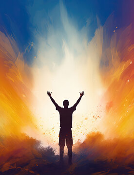 Man Raising Hand on Top of Mountain: Worship and Praise of God. Sunset Abstract Sky, Colorful Pastel Illustration Background. Oil Painting Wall Art Wallpaper with Copy Space.