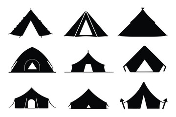 Silhouette camping tent set, Tourist tent, glamping dome, monochrome, black symbol, trave and relaxation, vector illustration isolated on white background - obrazy, fototapety, plakaty