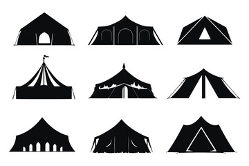 Silhouette camping tent set, Tourist tent, glamping dome, monochrome, black symbol, trave and relaxation, vector illustration isolated on white background - obrazy, fototapety, plakaty