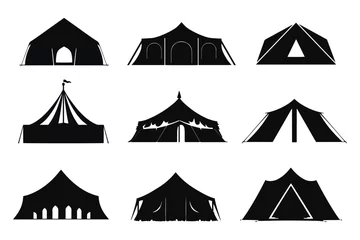 Foto op Canvas Silhouette camping tent set, Tourist tent, glamping dome, monochrome, black symbol, trave and relaxation, vector illustration isolated on white background © llopter