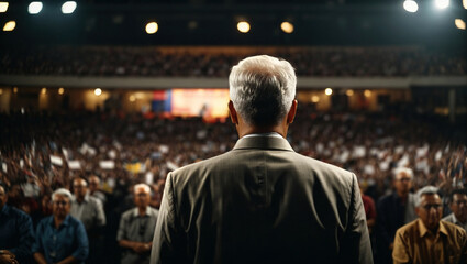 Rear view of senior politician during the election speech in front of the crowd, generative ai illustration