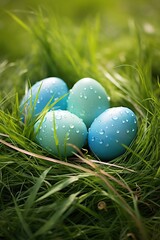 Colorful easter eggs in grass. Happy easter background.