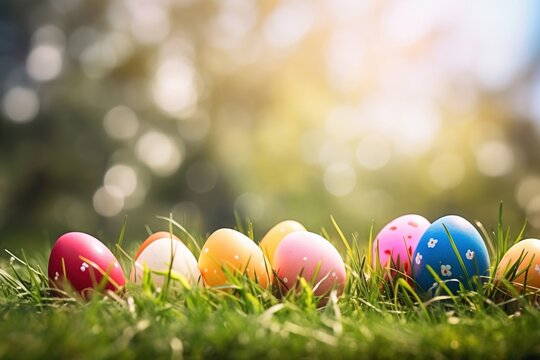 Colorful easter eggs in grass. Happy easter background.