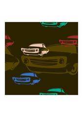 Editable Three-Quarter Oblique View Dark Background Classic Retro Car Vector Illustration in Simple Flat Monochrome Cartoon Style with Various Colors as Seamless Pattern for Transportation or Hobby