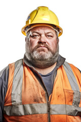 Portrait of construction worker Overweight man in engineer uniform on transparent background