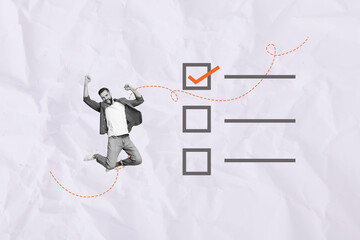 Creative photo collage of young guy jumping raised fists up paper document quiz test checkmarks...