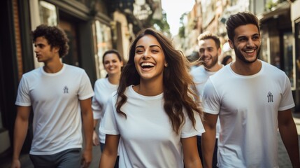 : A group of attractive, multi-ethnic young adults, all sporting white shirts, captured in a moment of laughter and conversation during a casual city walk, symbolizing urban diversity and harmony. - obrazy, fototapety, plakaty