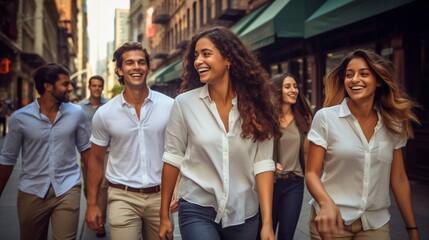 : A group of attractive, multi-ethnic young adults, all sporting white shirts, captured in a moment of laughter and conversation during a casual city walk, symbolizing urban diversity and harmony.