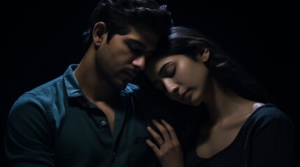 : A heartwarming studio shot of a young couple, their heads gently resting together, the simplicity of the dark background focusing all attention on their shared expression of love and contentment.