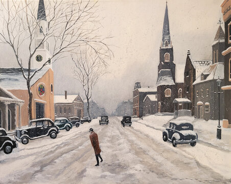 Vintage scene of winter day in a small North American town.  