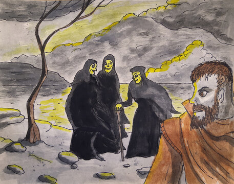 Macbeth gets his first look at the three witches.  From the Shakespeare play.  