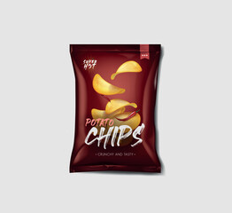 Advertising bag of potato chips, spicy pepper flavor.
