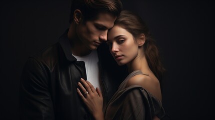: A striking studio portrait of a young couple, their love palpable in their close, comfortable pose, set against a stark, dark background that throws their shared happiness into sharp relief.