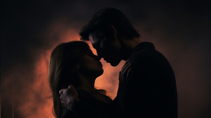 : A studio photograph capturing a young couple in love, their silhouettes intertwined against a dark background, creating an aura of intimacy and connection.