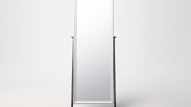 A full-length standing mirror with a metallic frame, emphasizing its tall stature, placed against a flawless white background.