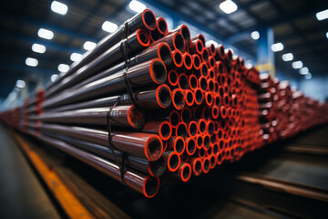 Steel Pipes bunch on the rack in warehouse Generative ai - obrazy, fototapety, plakaty