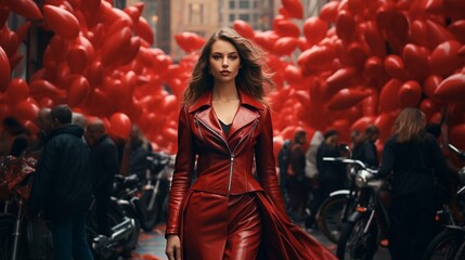 : A young fashionista in a casual red dress and a black leather jacket, standing amidst a bustling...