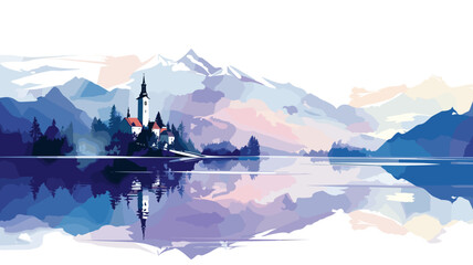 copy space, simple vector illustration, Lake Bled, Slovenia. Flat 2D illustration, beautiful lake Blad landscape.  The pilgrimage church dedicated to the Assumption of Mary on Bled island. Famous tour - obrazy, fototapety, plakaty