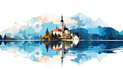Foto op Canvas copy space, simple vector illustration, Lake Bled, Slovenia. Flat 2D illustration, beautiful lake Blad landscape.  The pilgrimage church dedicated to the Assumption of Mary on Bled island. Famous tour © Dirk
