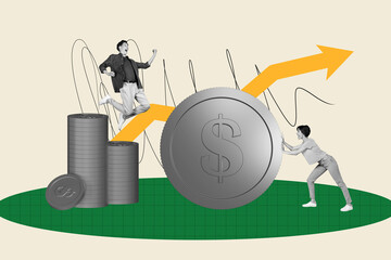 Creative collage of young determined startupers collect money coins increasing graphic up capital...