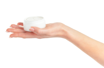 Female hand holding cosmetic cream jar isolated on white background 