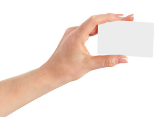 Female hand holding white blank card isolated on white background