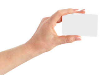 Female hand holding white blank card isolated on white background