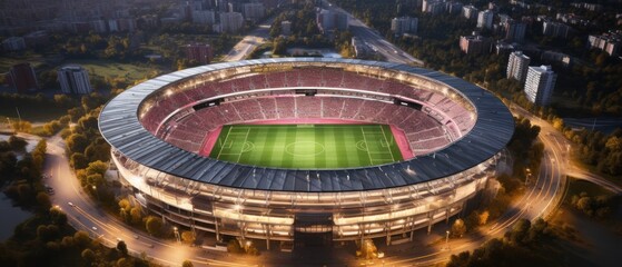 Aerial view of a large football stadium in the evening. Soccer Concept. Football Concept. Sport Concept.