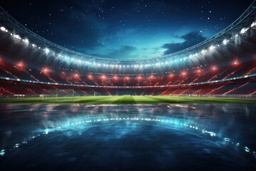Soccer stadium at night with lights and spotlights. Soccer Concept. Football Concept. Sport Concept. - obrazy, fototapety, plakaty