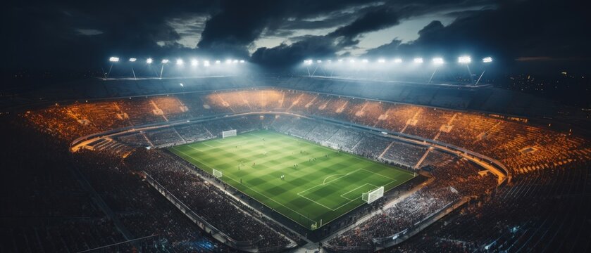Aerial view of a football stadium at night. Soccer Concept. Football Concept. Sport Concept.