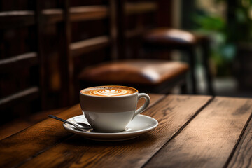 Fototapeta premium Cup of Coffee on a wooden Table in cafe