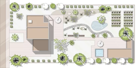 Cercles muraux Blanche Top view landscape design plan with house, courtyard, lawn, garage. Highly detailed plan of country with modern cottage of villa with pond, pool. Vector illustration of Cityscape, Map of town, village