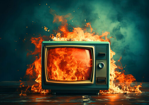 Retro TV with fire, fake news concept