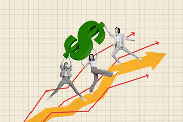 Ukrainian economy growth collage theme of young girls create investment strategy to increase money...