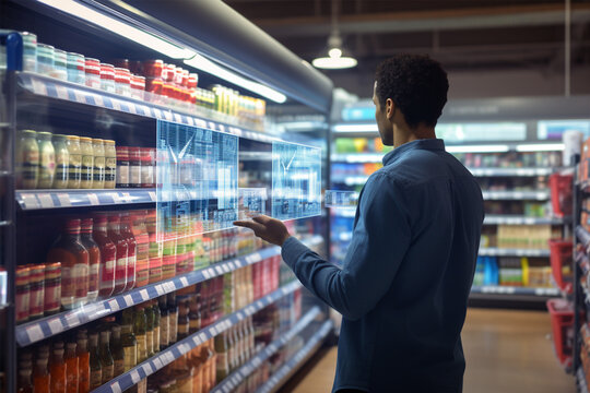 A young man makes purchases on a website for online shopping, virtual shopping, against the background of an electronic warehouse with products