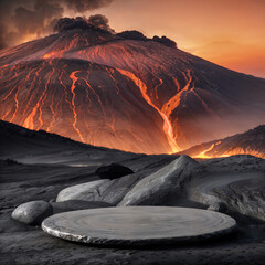 Volcanic stone podium in front of erupting volcano with lava, product display square backdrop. Generative AI. - obrazy, fototapety, plakaty