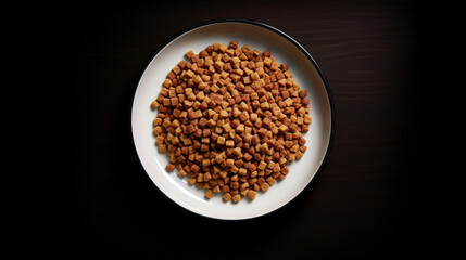 A plate of dog food on a wooden floor