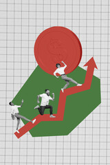 Vertical collage of three colleagues running climbing arrow direction up target competition for...
