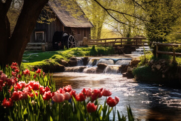 Fototapeta na wymiar Spring forest nature landscape, beautiful tulips spring flowers, stream, river rocks and old water mill in mountain forest