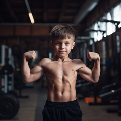 Fototapeta na wymiar Little preschool boy with naked torso showing strong biceps. Generative AI