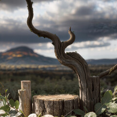 Fototapeta premium Wooden product display podium, with old tree, pedestal backdrop. Natural, organic, ecological products background. Generative AI.