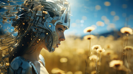 A girl in a robot costume in a field with daisies on a sunny day, generative AI