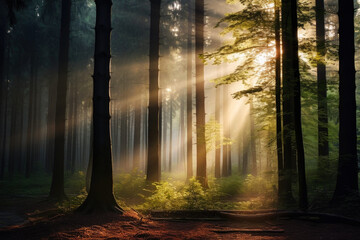 Sunlight in the green forest, spring time