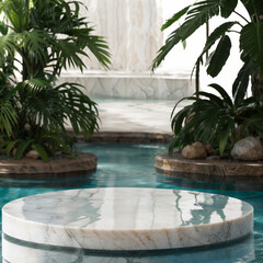 Product display round white marble podium, stone  stand pedestal with plants in nature, minimalistic backdrop, elegant background with platform for cosmetics, jewellery, spa, resort. Generative AI.