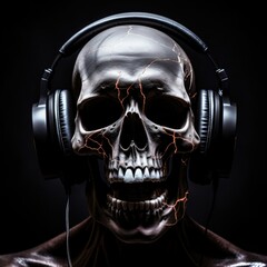 Human skull with headphones. Hard rock, metal, playlist cover.