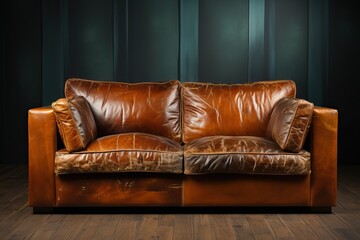 A brown leather sofa in a room with a gray wall and a brown floor.