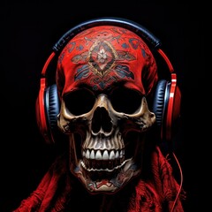 Human skull in a bandana and headphones. Hard rock, metal, playlist cover.