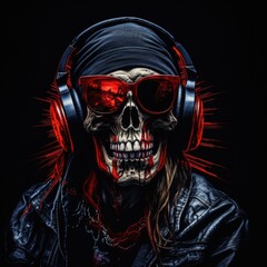Human skull in a bandana and headphones. Hard rock, metal, playlist cover.