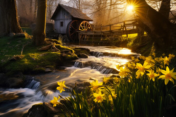 Fototapeta premium Spring forest nature landscape, beautiful daffodil spring flowers, stream, river rocks and old water mill in mountain forest