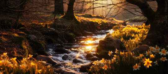 Spring forest nature landscape, beautiful daffodil spring flowers, stream and river rocks in mountain forest